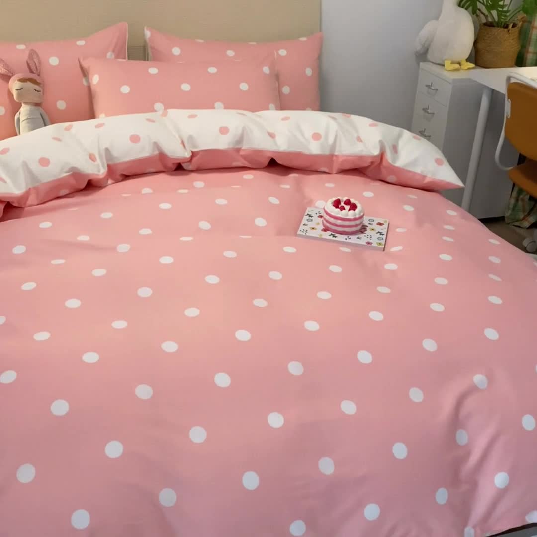 91家纺网 家纺一手货源 找家纺 梦家居 2021新款全棉波点系列四件套 波点浅粉白