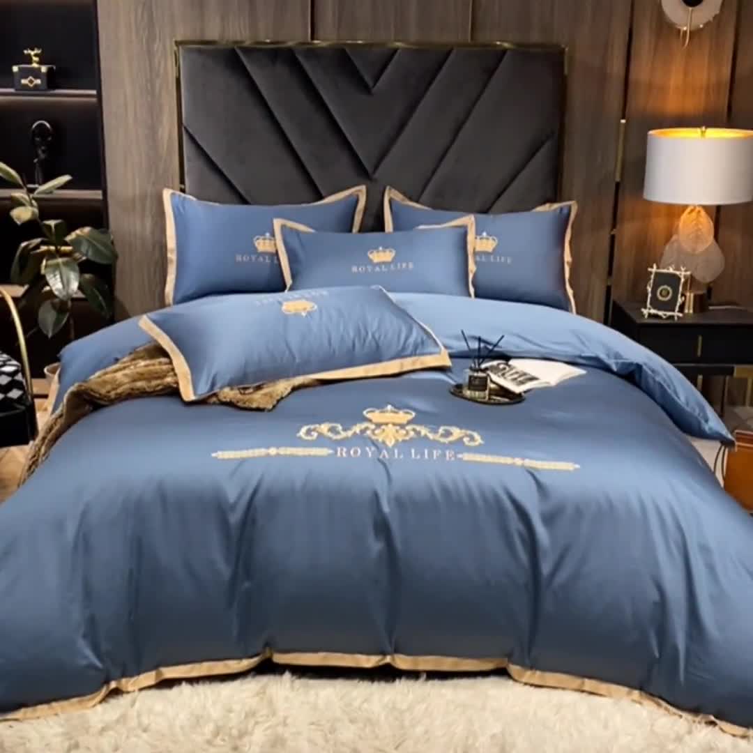 91家纺网 家纺一手货源 找家纺 安妮家居 2021新款皇冠100s长绒棉四件套 宾利蓝