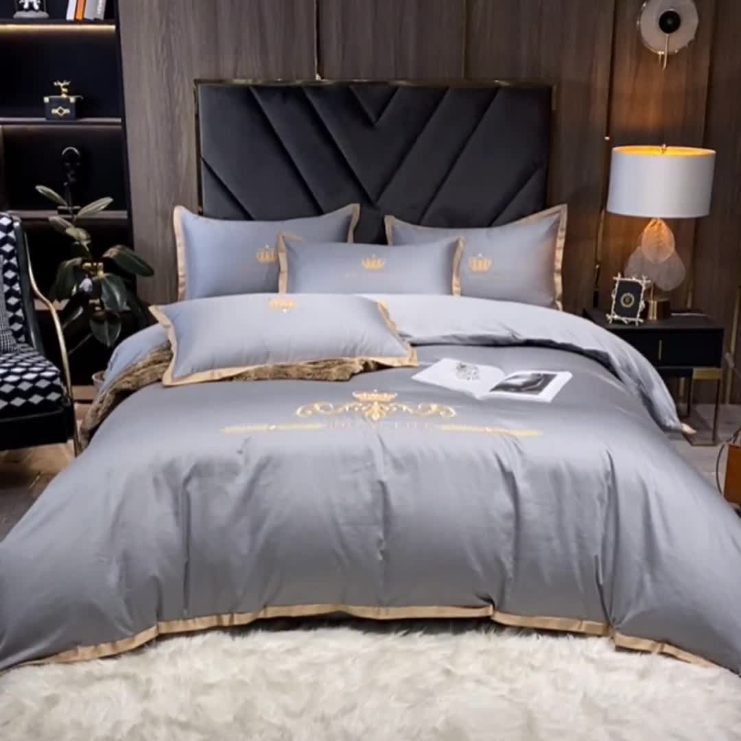 91家纺网 家纺一手货源 找家纺 安妮家居 2021新款皇冠100s长绒棉四件套 高级灰
