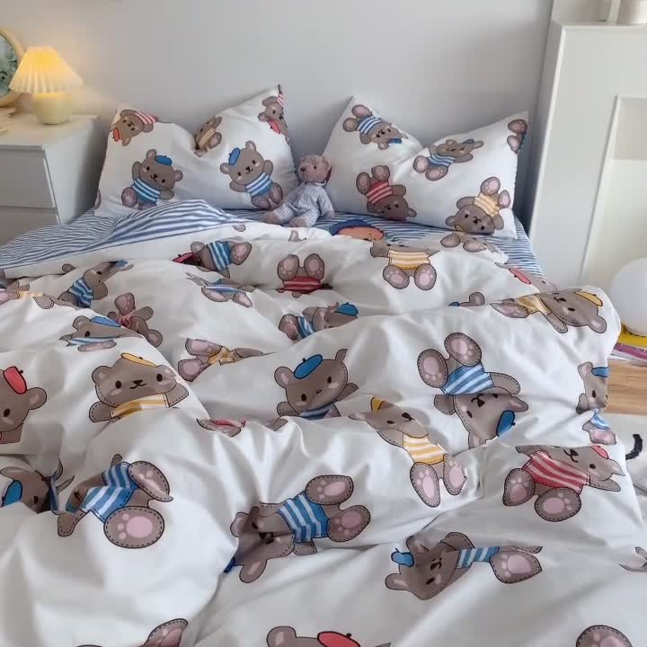 91家纺网 家纺一手货源 找家纺 星期八 2021新款13372你好春天系列四件套 小熊派对