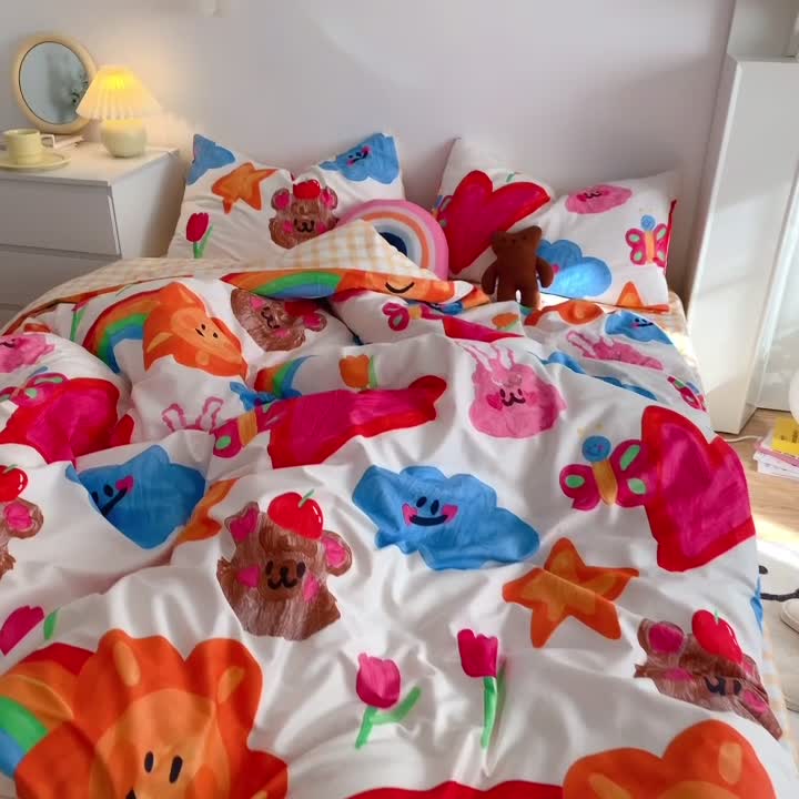 91家纺网 家纺一手货源 找家纺 星期八 2021新款13372你好春天系列四件套 彩绘童话