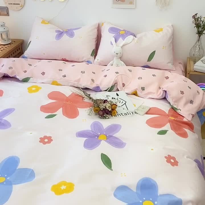 91家纺网 家纺一手货源 找家纺 沐棉 2021新款全棉小清新四件套花花系列 七彩花