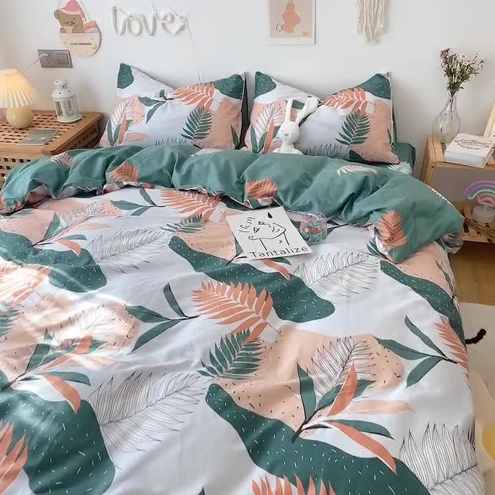 91家纺网 家纺一手货源 找家纺 沐棉 2021新款全棉小清新四件套花花系列 青枝绿叶