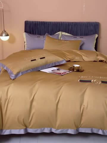 91家纺网 家纺一手货源 找家纺 爱缦 2021新款格蕾丝棚拍100支澳棉四件套 古金黄