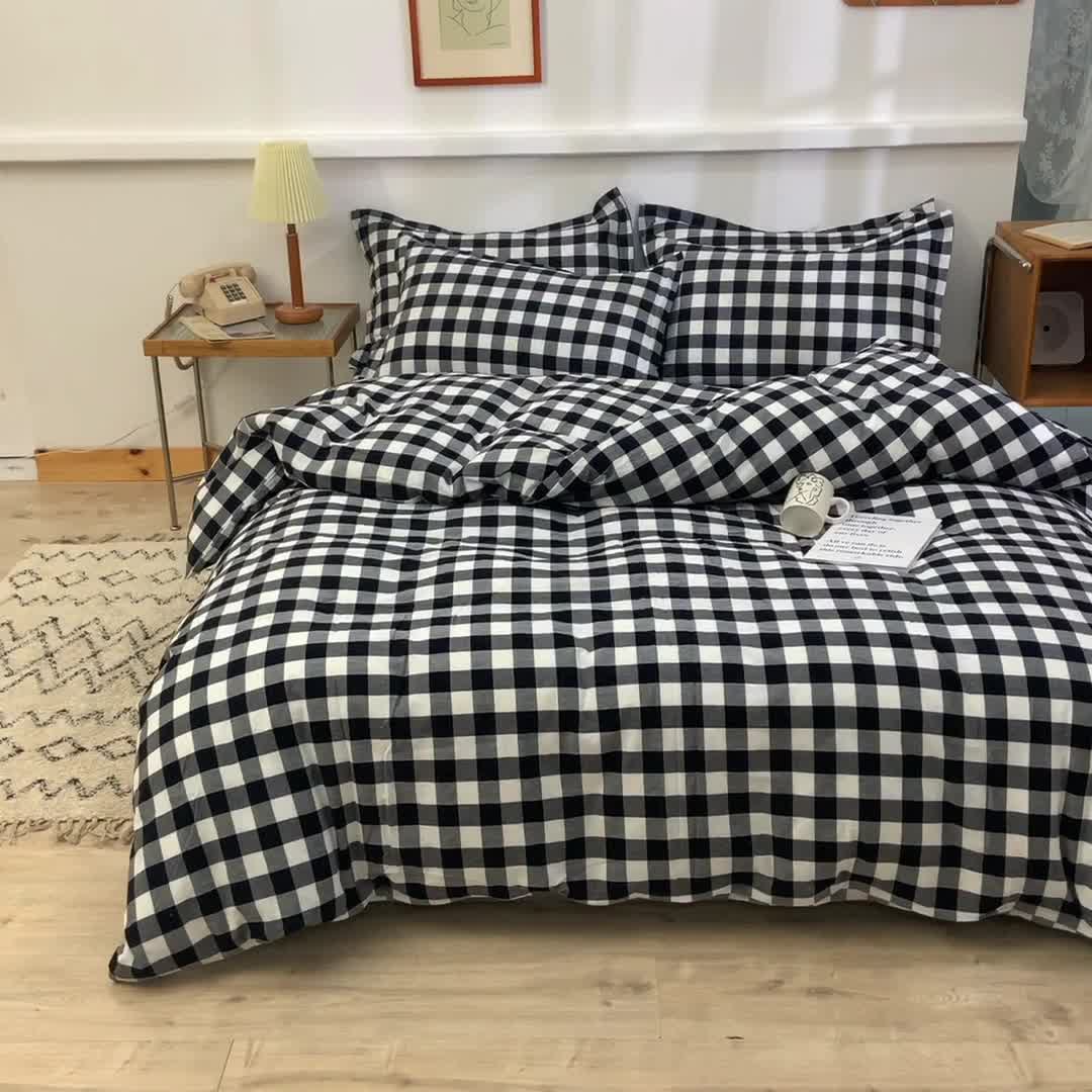 91家纺网 家纺一手货源 找家纺 甜之梦2025新款水洗棉四件套（任何尺寸都可以定做） 经典黑格