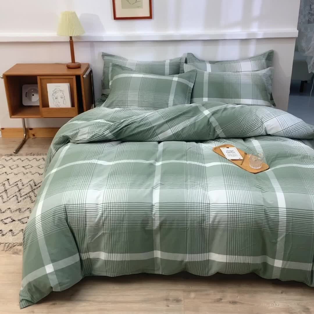 91家纺网 家纺一手货源 找家纺 甜之梦2025新款水洗棉四件套（任何尺寸都可以定做） 浅绿大格