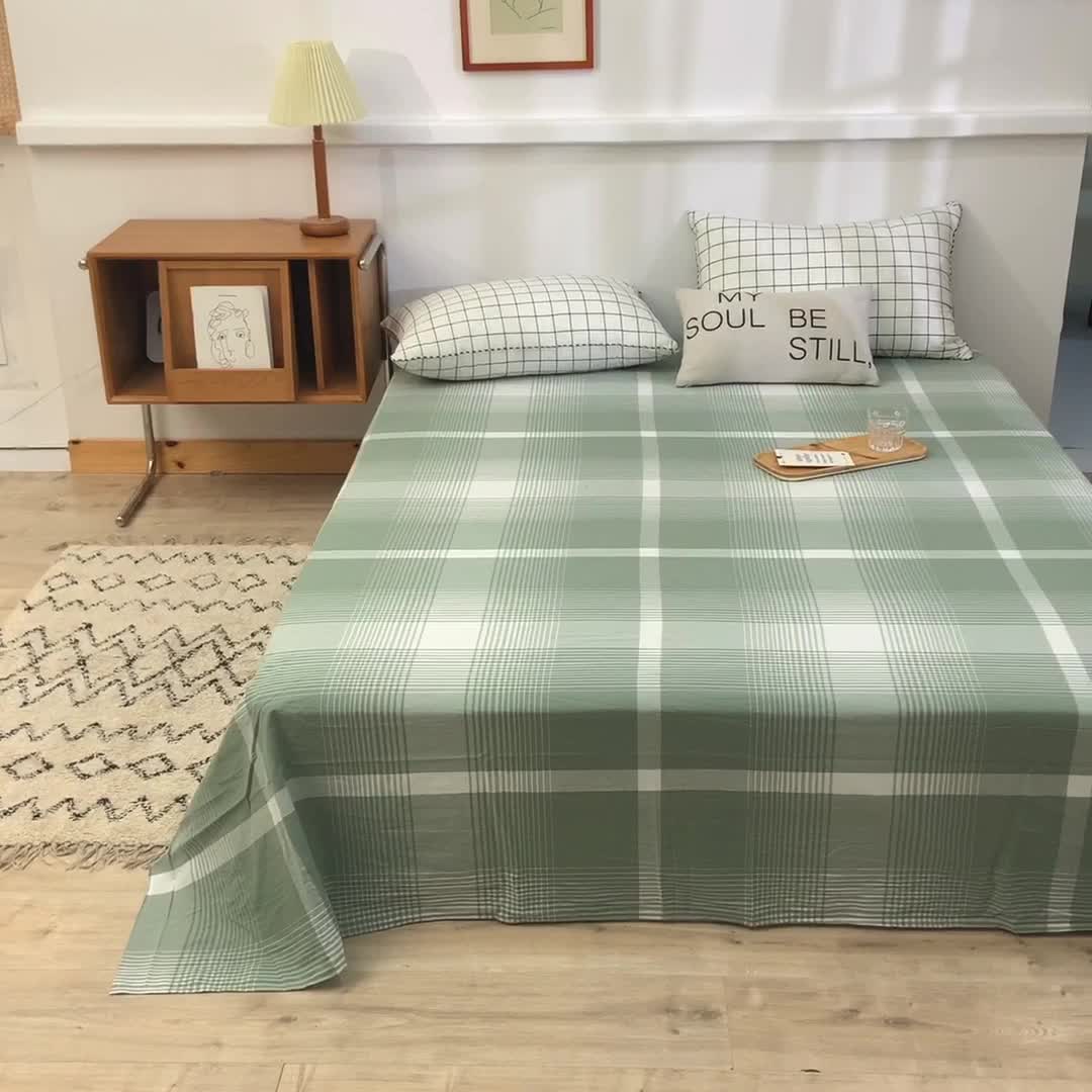 91家纺网 家纺一手货源 找家纺 甜之梦2025新款水洗棉单品床单（任何尺寸都可以定做） 浅绿大格