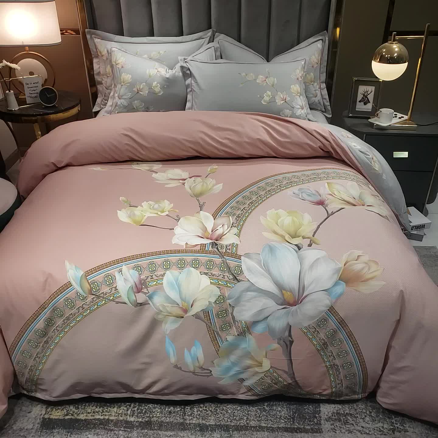 91家纺网 家纺一手货源 找家纺 雲归梦2021全棉大版四件套第二批花卉格调系列 繁花绘景粉