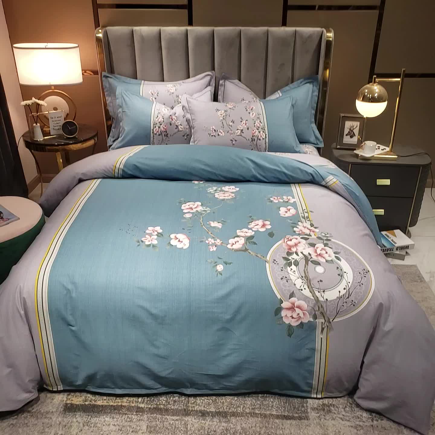 91家纺网 家纺一手货源 找家纺 雲归梦2021全棉大版四件套第二批花卉格调系列 晨梦蓝