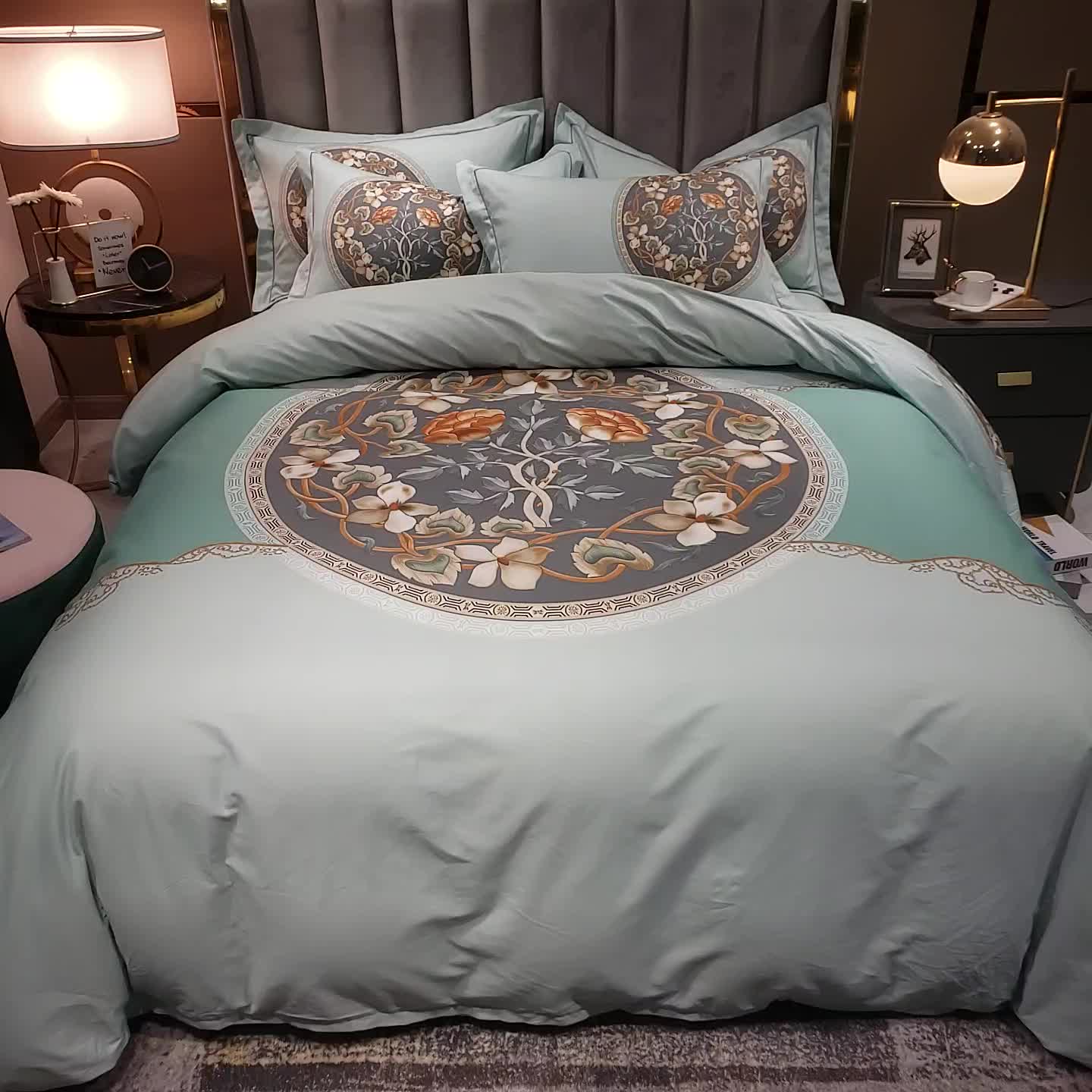 91家纺网 家纺一手货源 找家纺 雲归梦2021全棉大版四件套第二批花卉格调系列 东方韵绿