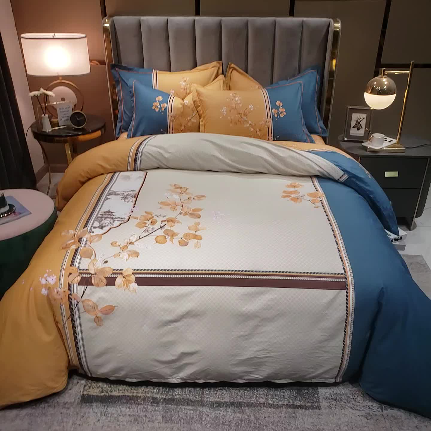 91家纺网 家纺一手货源 找家纺 雲归梦2021全棉大版四件套第二批花卉格调系列 江山如画橙