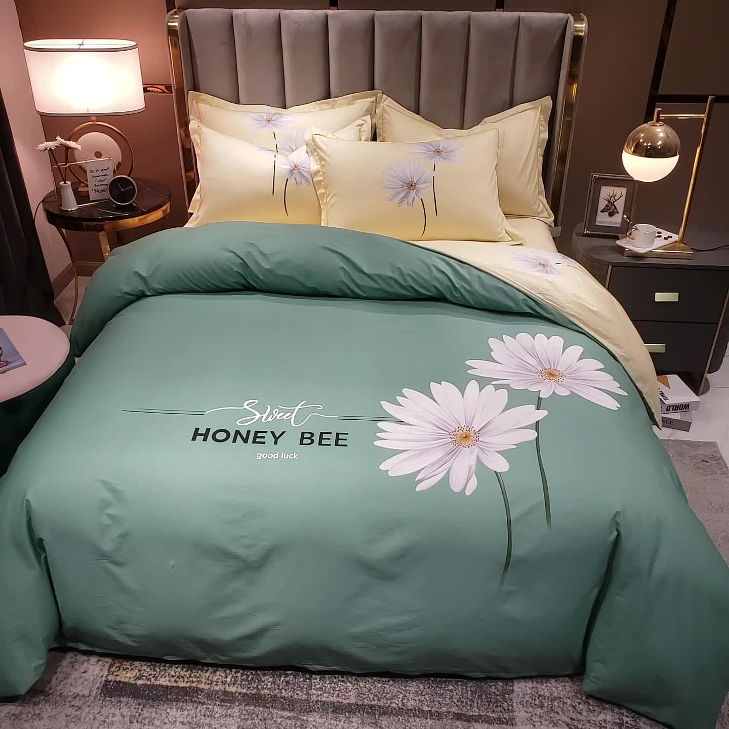 91家纺网 家纺一手货源 找家纺 雲归梦2021全棉大版四件套第二批花卉格调系列 心花怒放绿