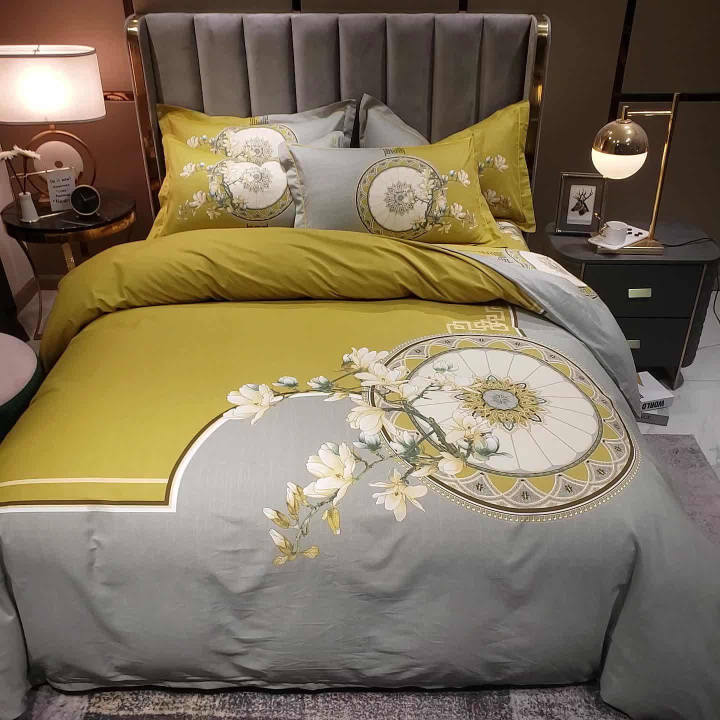 91家纺网 家纺一手货源 找家纺 雲归梦2021全棉大版四件套第二批花卉格调系列 意蕴黄