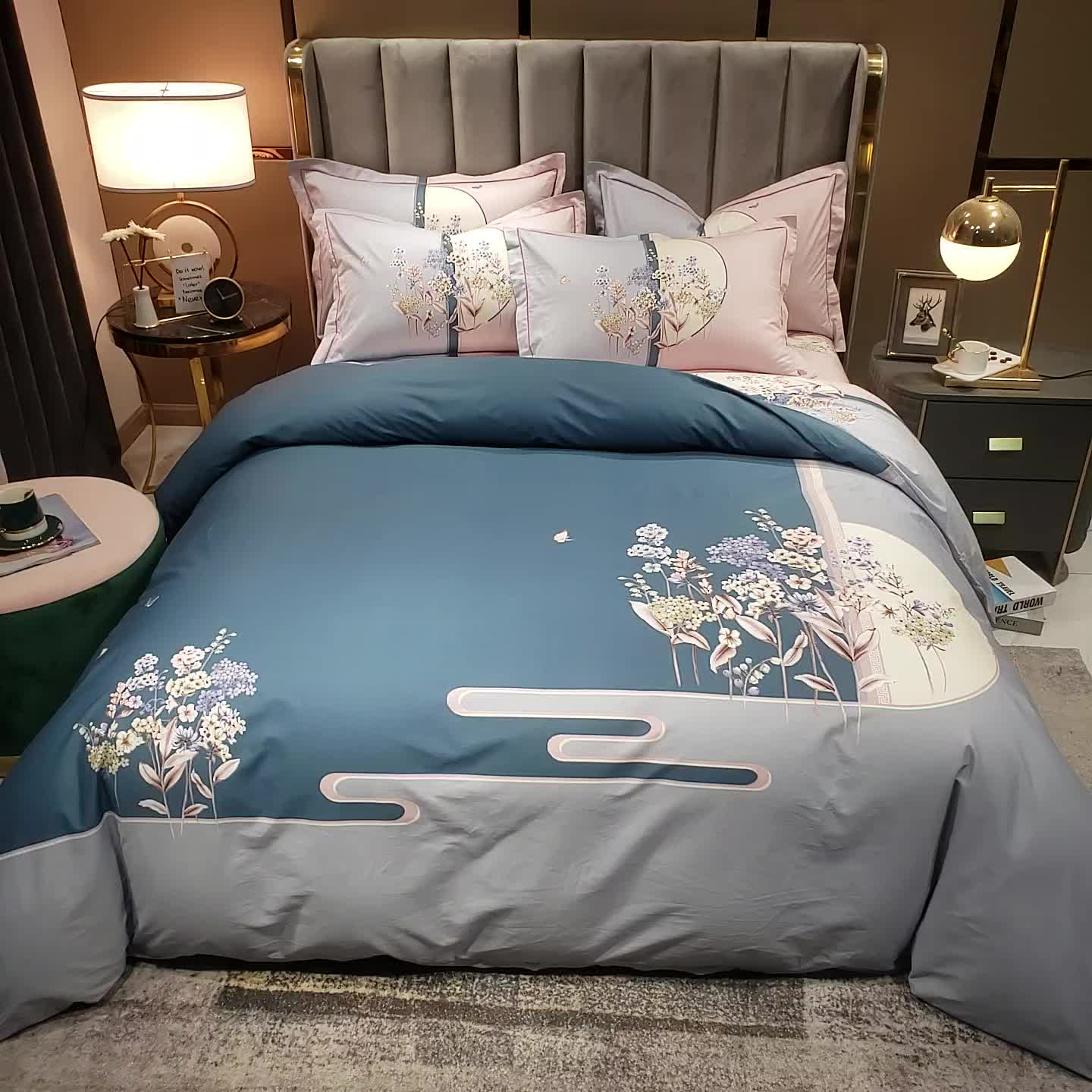 91家纺网 家纺一手货源 找家纺 雲归梦2021全棉大版四件套第二批花卉格调系列 春风里蓝