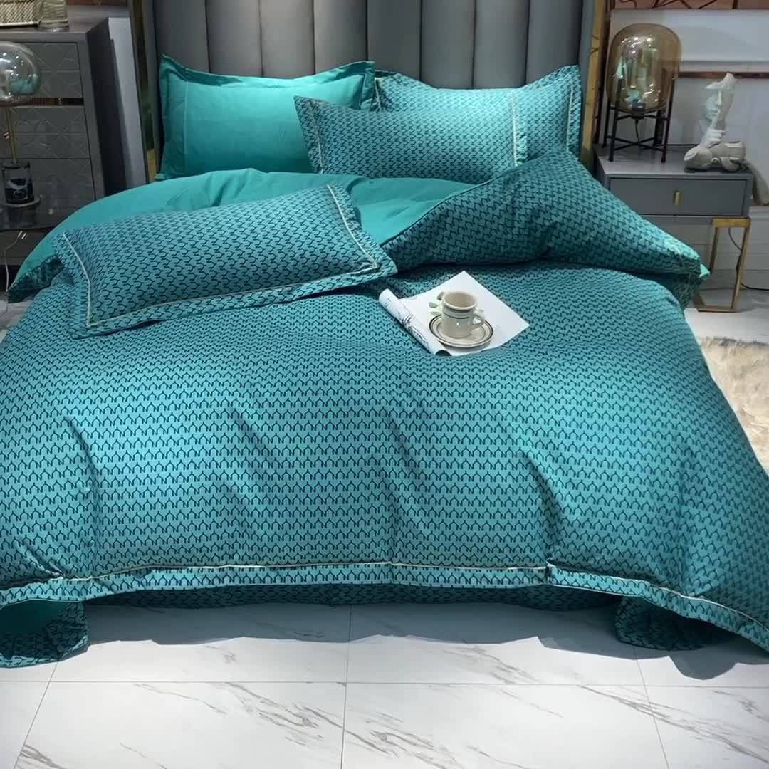 91家纺网 家纺一手货源 找家纺 绒世界 2021新款水洗棉印花千鸟格四件套 孔雀蓝