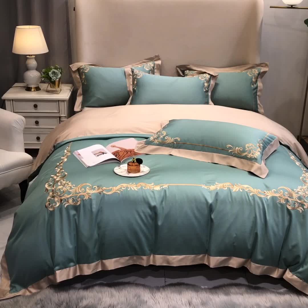 91家纺网 家纺一手货源 找家纺 馨蕊家居 2021新品春夏高定100支格调四件套豆绿