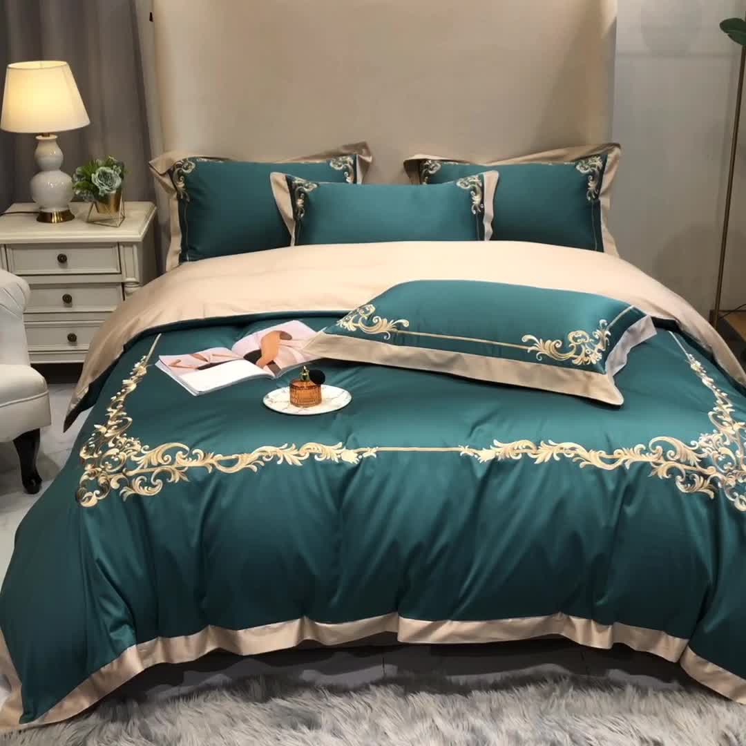 91家纺网 家纺一手货源 找家纺 馨蕊家居 2021新品春夏高定100支格调四件套翡翠绿