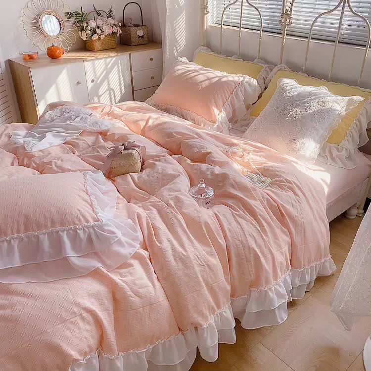 91家纺网 家纺一手货源 找家纺 玛奇朵 2021新款雪纺纱全棉色织提花四件套 华夫格-粉