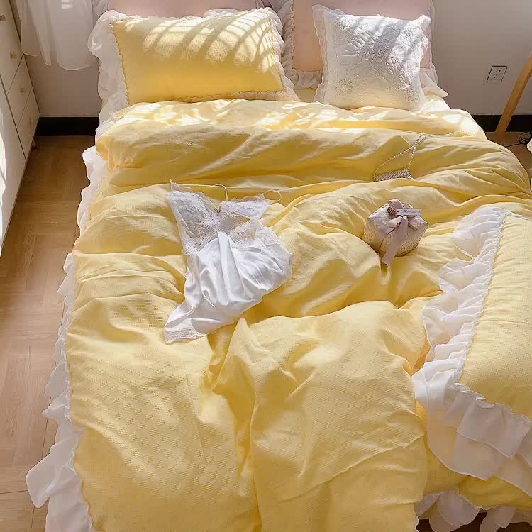 91家纺网 家纺一手货源 找家纺 玛奇朵 2021新款雪纺纱全棉色织提花四件套 华夫格-黄