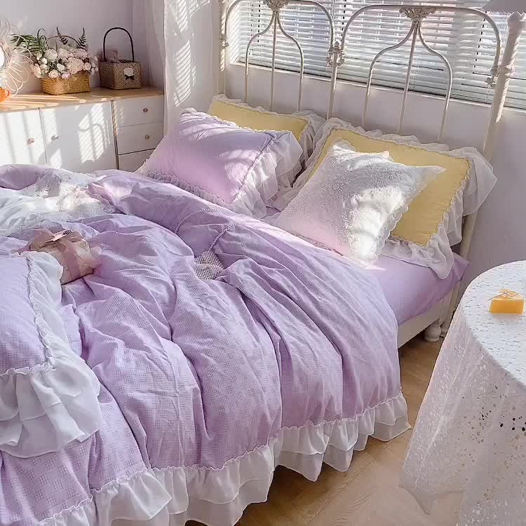 91家纺网 家纺一手货源 找家纺 玛奇朵 2021新款雪纺纱全棉色织提花四件套 华夫格-紫