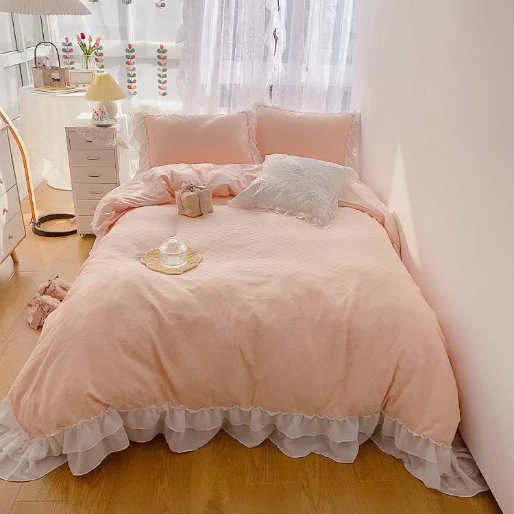 91家纺网 家纺一手货源 找家纺 玛奇朵 2021新款雪纺纱全棉色织提花四件套 华夫格-粉