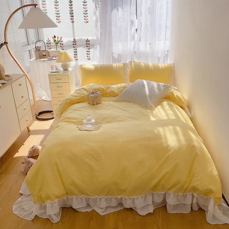 91家纺网 家纺一手货源 找家纺 玛奇朵 2021新款雪纺纱全棉色织提花四件套 华夫格-黄