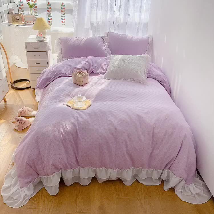 91家纺网 家纺一手货源 找家纺 玛奇朵 2021新款雪纺纱全棉色织提花四件套 华夫格-紫