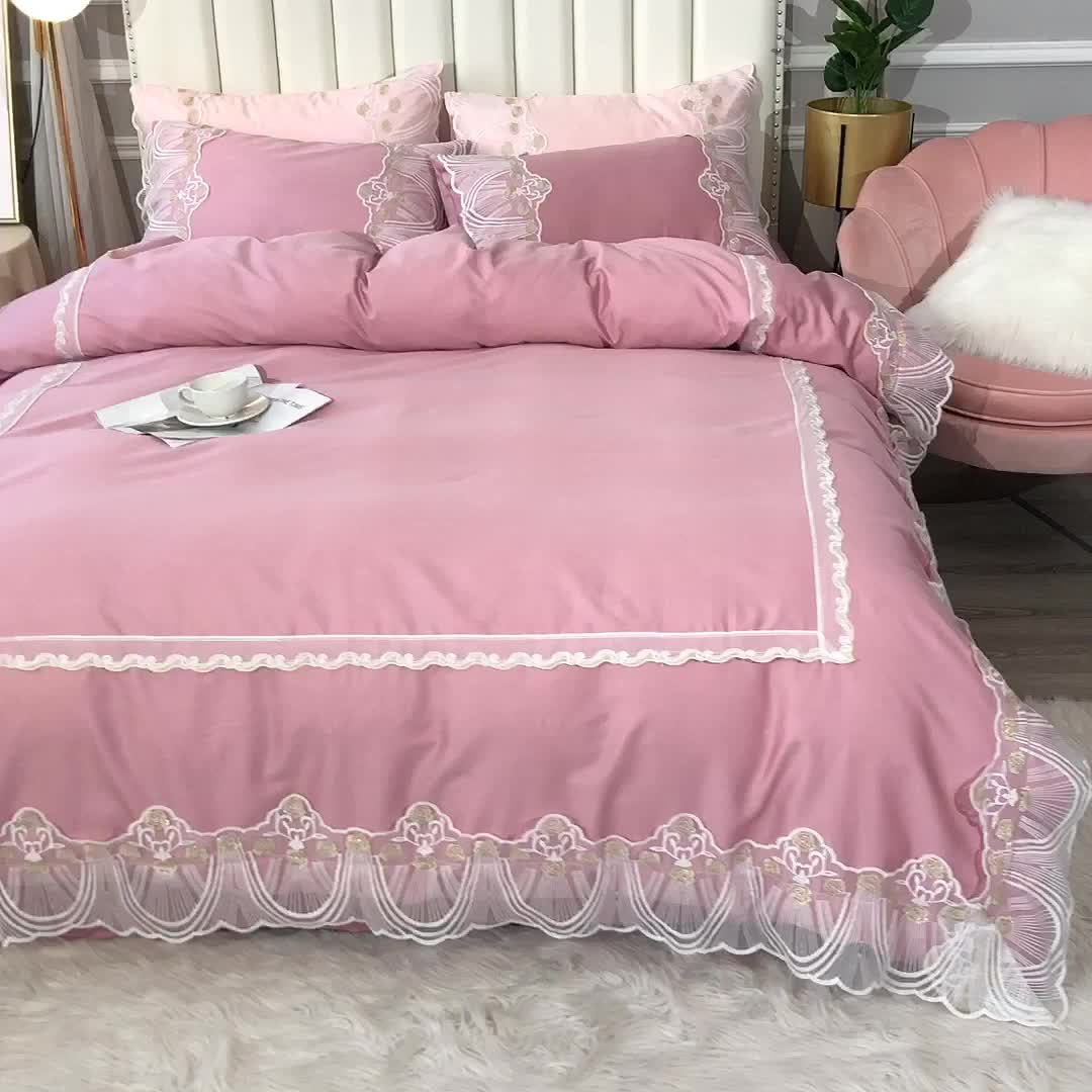 91家纺网 家纺一手货源 找家纺 2021全棉60贡缎长绒棉蕾丝四件套 艾丽莎-浅豆沙