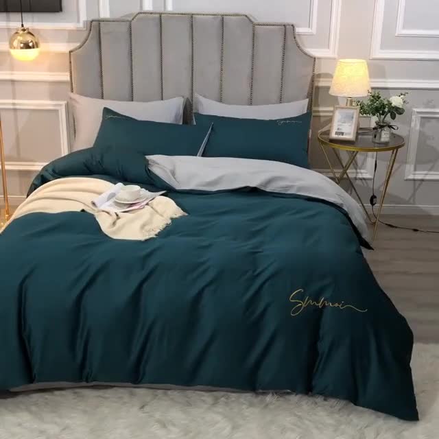 91家纺网 家纺一手货源 找家纺 2021新款纯色拼色纯棉全棉60S贡缎长绒棉绣花四件套 绿