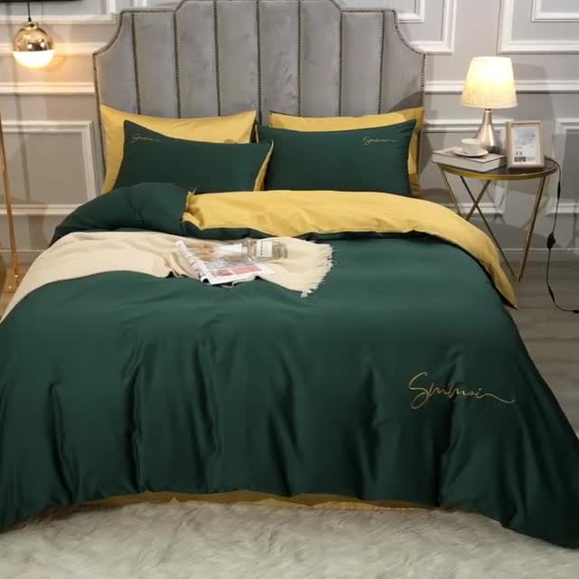 91家纺网 家纺一手货源 找家纺 2021新款纯色拼色纯棉全棉60S贡缎长绒棉绣花四件套 墨绿