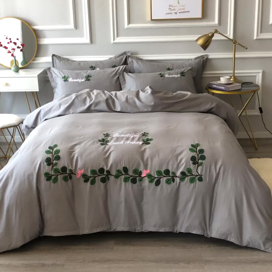 91家纺网 家纺一手货源 找家纺 2021新款全棉13372毛巾绣纯棉刺绣花四件套 爱之蔓灰色