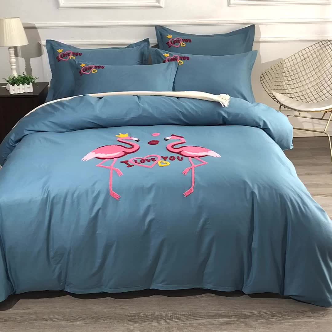 91家纺网 家纺一手货源 找家纺 2021新款全棉13372毛巾绣纯棉刺绣花四件套幸福烈鸟湖蓝