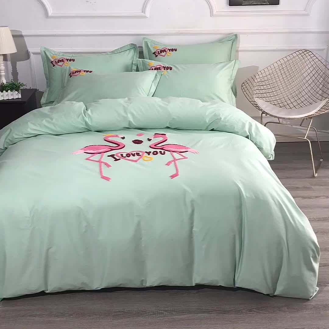 91家纺网 家纺一手货源 找家纺 2021新款全棉13372毛巾绣纯棉刺绣花四件套幸福烈鸟绿色