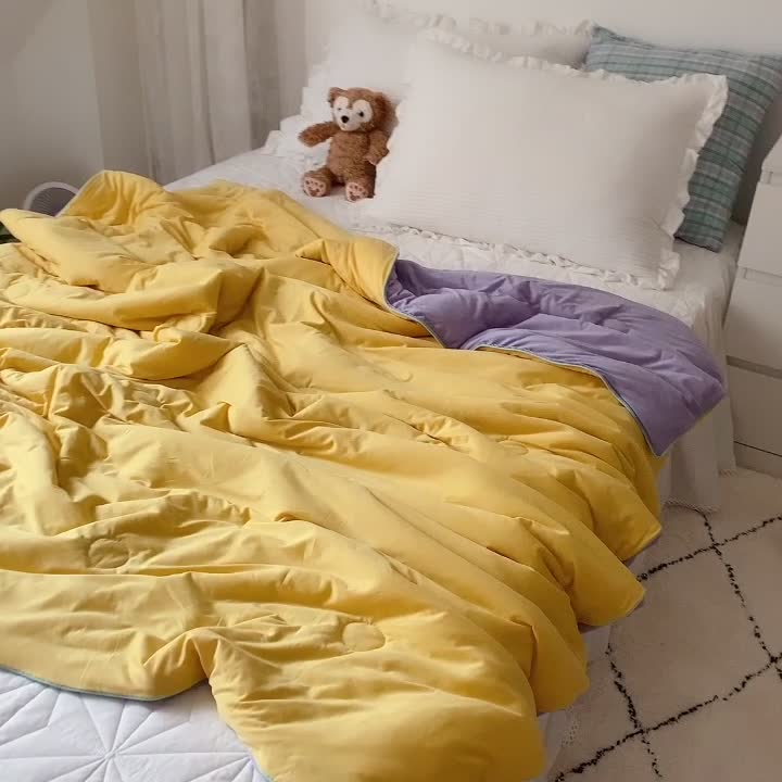 91家纺网 家纺一手货源 找家纺 星期八 2021新款马卡龙大豆针织棉夏被 黄-紫