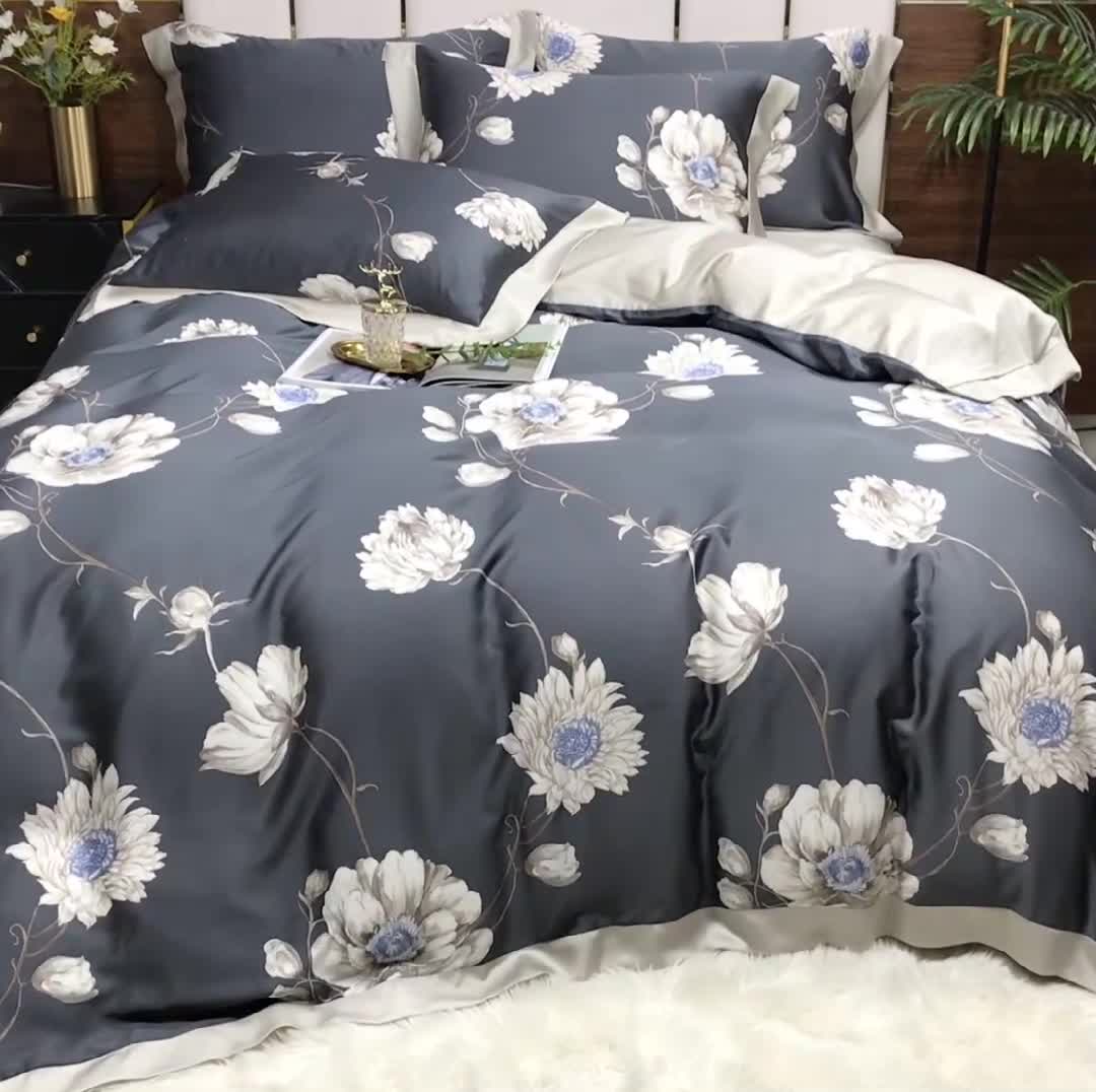 91家纺网 家纺一手货源 找家纺 娇逸 2021新款60支进口兰精天丝数码印花四件套花之溢-灰