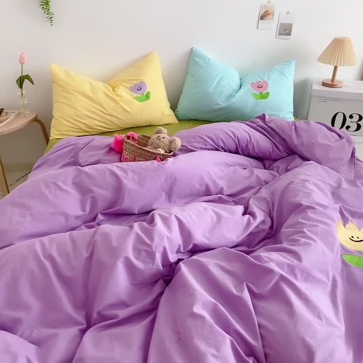 91家纺网 家纺一手货源 找家纺 星期八 2021新款马卡龙趣味水洗棉四件套 笑脸花