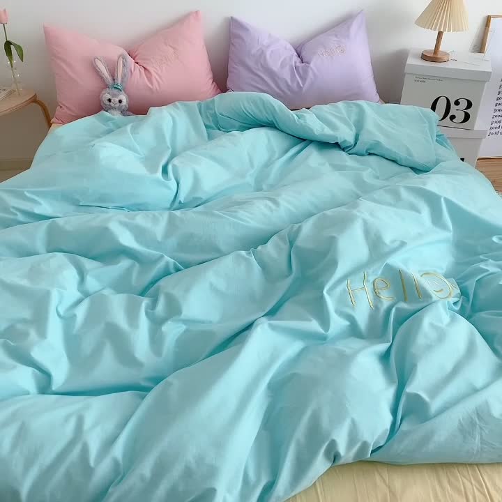 91家纺网 家纺一手货源 找家纺 星期八 2021新款马卡龙趣味水洗棉四件套 Hello！