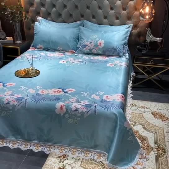 91家纺网 家纺一手货源 找家纺 ds生活馆 2021新款欧式蕾丝花边床单款凉席冰丝席盛世花开