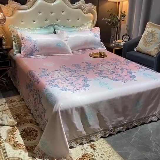 91家纺网 家纺一手货源 找家纺 ds生活馆 2021新款欧式蕾丝花边床单款凉席冰丝席悉尼粉