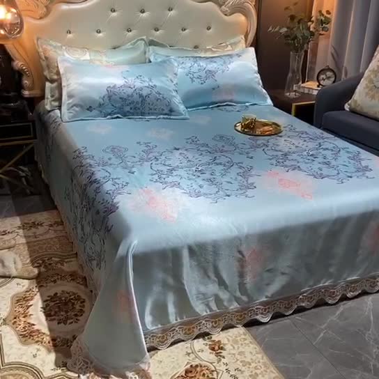 91家纺网 家纺一手货源 找家纺 ds生活馆 2021新款欧式蕾丝花边床单款凉席冰丝席悉尼蓝