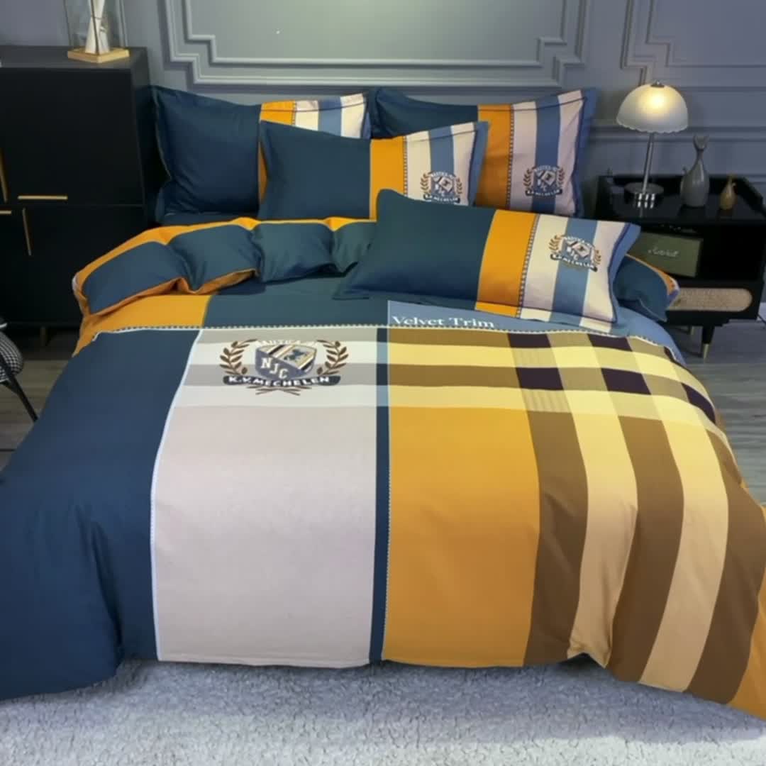 91家纺网 家纺一手货源 找家纺 金爱家 2021新款全棉13372四件套条格简约系列摩登