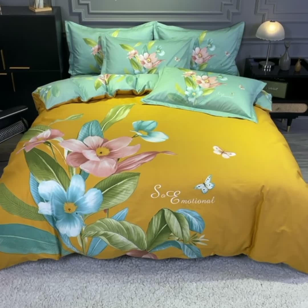 91家纺网 家纺一手货源 找家纺 金爱家 2021新款全棉活性花卉系列四件套 芳泽