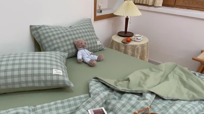 91家纺网 家纺一手货源 找家纺 寐居家纺 2021新款全棉水洗夏被四件套 中格-绿