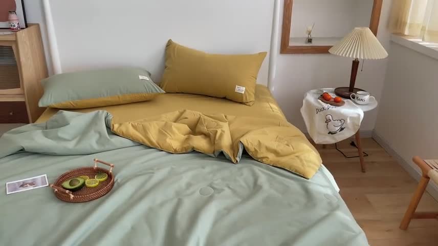 91家纺网 家纺一手货源 找家纺 寐居家纺 2021新款全棉水洗夏被四件套 双拼绿+黄