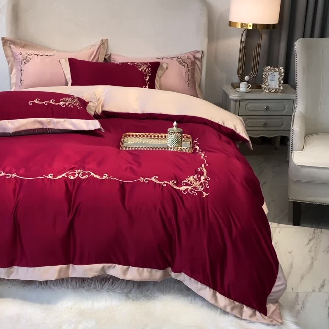 91家纺网 家纺一手货源 找家纺 优悦生活馆 2021新款冰丝绣花四件套-奥丁-宝石红