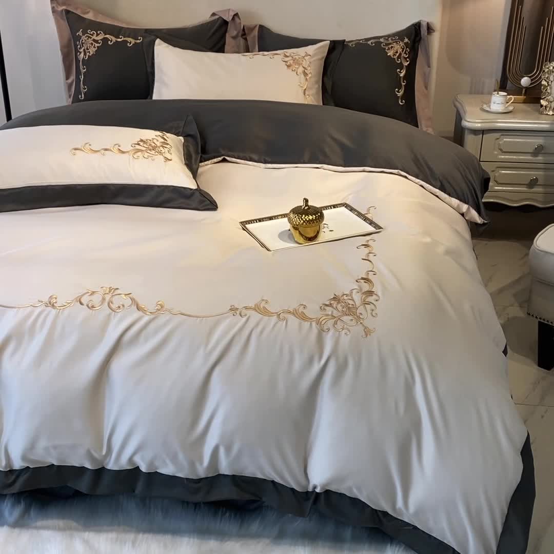 91家纺网 家纺一手货源 找家纺 优悦生活馆 2021新款冰丝绣花四件套-奥丁-珍珠白