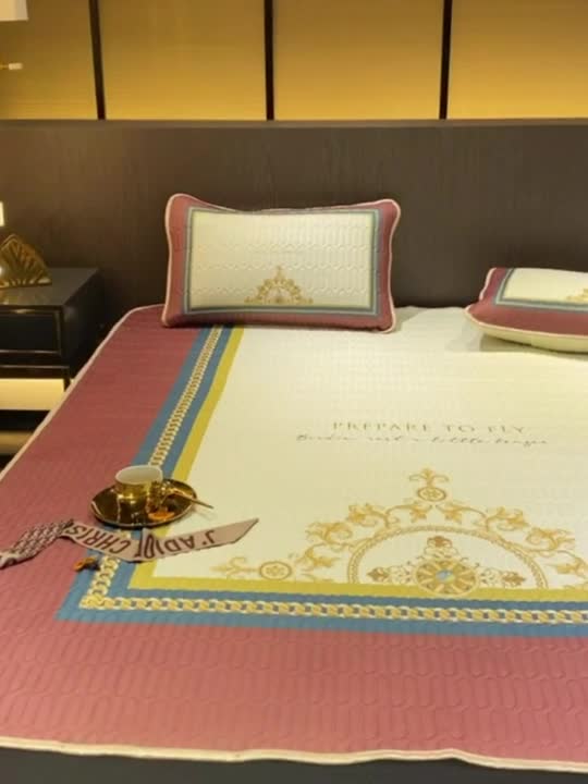 91家纺网 家纺一手货源 找家纺 凡客 2022春夏新款大版数码印花凉感丝乳胶凉席三件套 桑榆