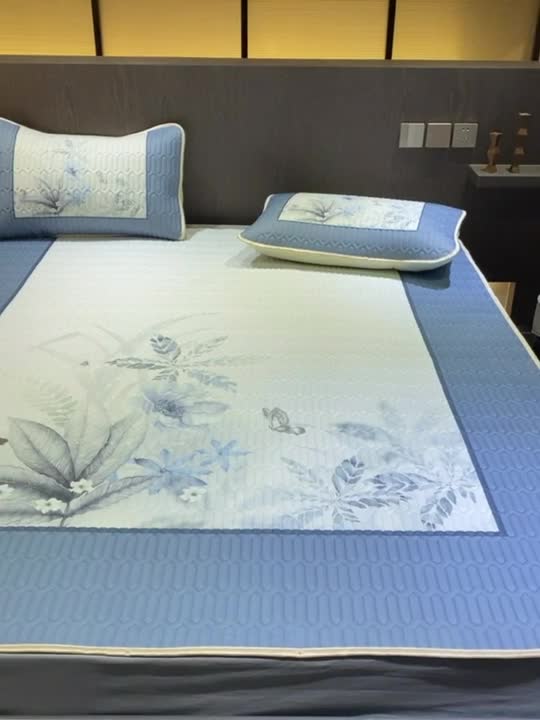 91家纺网 家纺一手货源 找家纺 凡客 2022春夏新款大版数码印花凉感丝乳胶凉席三件套 水墨