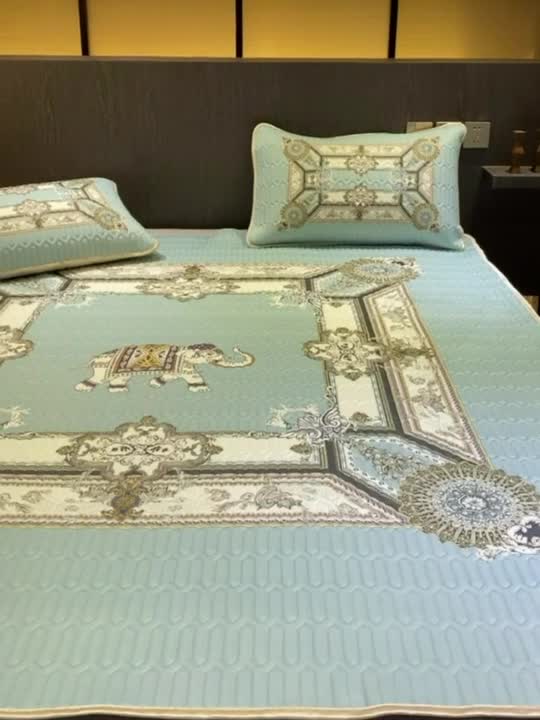 91家纺网 家纺一手货源 找家纺 凡客 2022春夏新款大版数码印花凉感丝乳胶凉席三件套 微凉