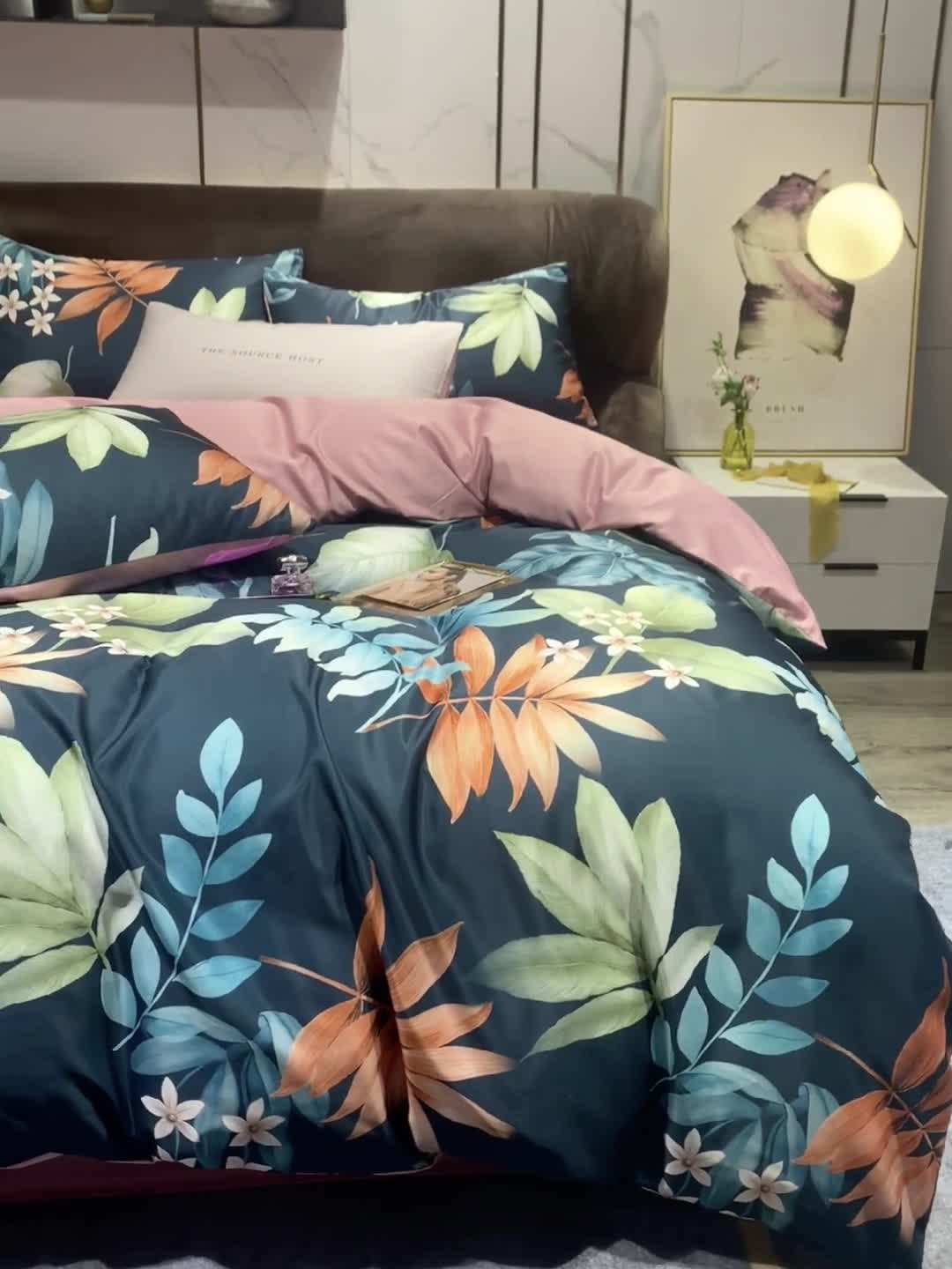 91家纺网 家纺一手货源 找家纺 凡客 2021春夏新款60支水洗真丝数码印花四件套轻奢风系列 秋宜佳期